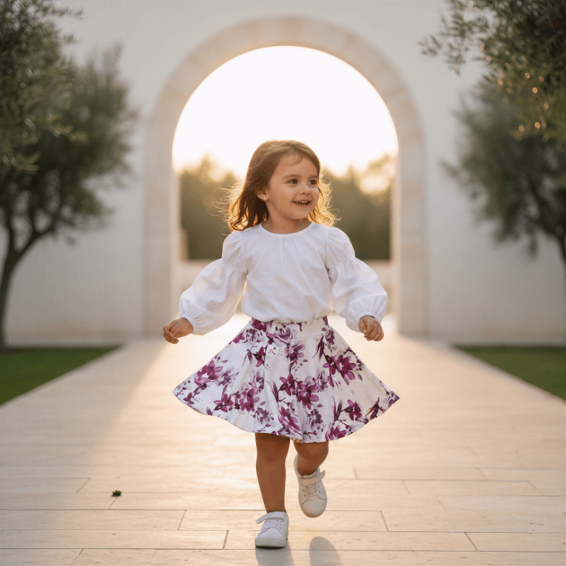 chiz-chic rok met paarse bloemen met model