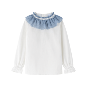 Newness meisjes blouse wit met tule kraag blauw voorkant