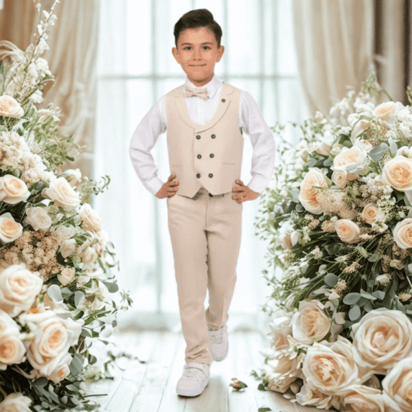 jongens kostuum beige bruiloft sfeer